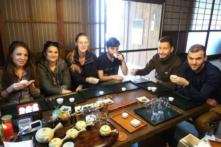 A group enjoys tea at Moriuchi Tea Farm.