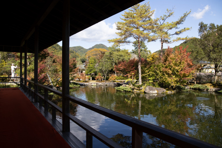 Gyokuro no Sato's terrace overlooks a pond and cultivated garden.